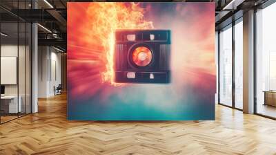 A vintage camera engulfed in flames against a blurred background. Wall mural