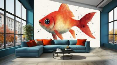 A watercolor painting of a goldfish with a white background. The fish has a bright orange body and black eye. Wall mural