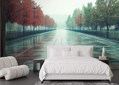 A wet, empty walkway lined with trees in the fall. Wall mural