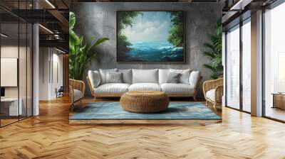 A white couch and two wicker chairs in a modern living room, featuring a painting of a beach scene. Wall mural