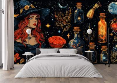 A witch with red hair and a pointed hat stands against a starry background with magical potions. Wall mural