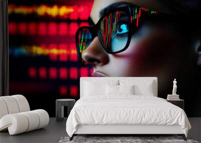 A woman's face is partially obscured by her glasses, with a stock market graph reflecting in the lenses. Wall mural