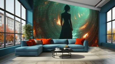 A woman in a long gown walks towards a glowing portal. The tunnel is a mesmerizing swirl of teal and orange, creating a surreal atmosphere. Wall mural