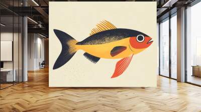 A yellow and black fish with a red tail fin swims against a light beige background. Wall mural