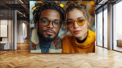 A young Black man and a young white woman smile for the camera. Wall mural