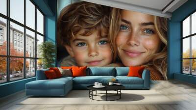 A young boy and his mother share a warm smile. Wall mural