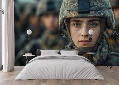 A young female soldier looks intently into the camera. Wall mural