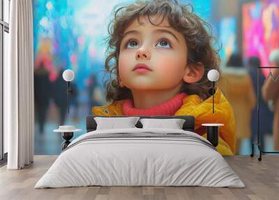 A young girl with curly brown hair looks up with wonder. Wall mural