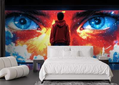 A young man stands in front of a giant screen, staring up at the glowing image of a pair of eyes. Wall mural