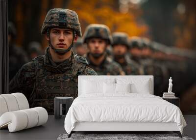 A young soldier in camouflage stands in formation with his comrades. Wall mural