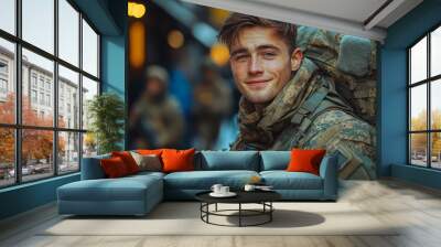 A young soldier smiles confidently while carrying a heavy backpack. Wall mural