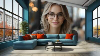 A young woman with blonde hair and glasses looks at the camera with a smile. Wall mural