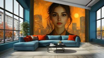 A young woman with brown hair and eyes looks out a window at the sunset over a city skyline. Wall mural