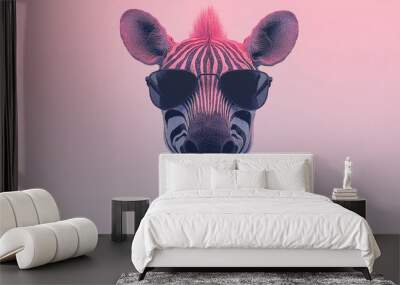 A zebra wearing sunglasses and looking at the camera. Wall mural