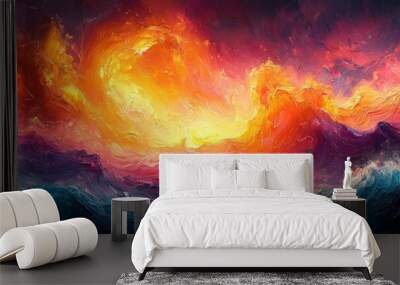 Abstract art of a fiery sky with a bright yellow sun in the center Wall mural