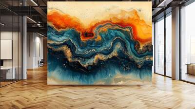 Abstract art with a fiery orange and yellow top, flowing into a deep teal and blue bottom. Wall mural