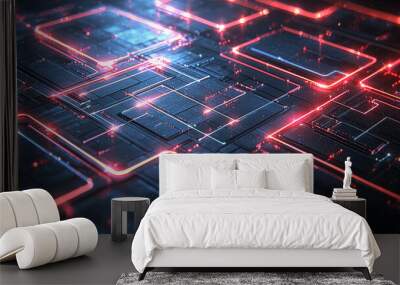 Abstract blue geometric shapes with glowing lines on a dark blue background, concept of digital technology Wall mural