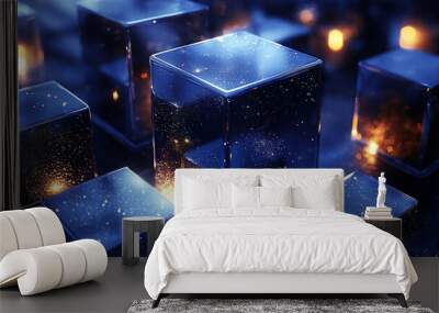 Abstract blue geometric shapes with glowing lines on a dark blue background, concept of digital technology Wall mural