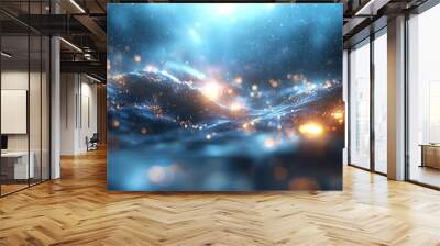 Abstract blue geometric shapes with glowing lines on a dark blue background, concept of digital technology Wall mural