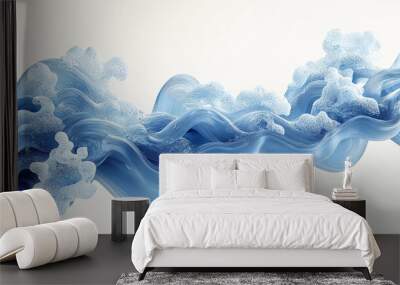 Abstract blue waves with foam on a white background. Wall mural