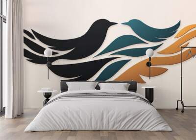 Abstract design of two birds with wings spread in a harmonious pattern of black, teal, and gold. Wall mural