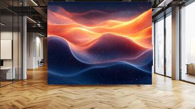 Abstract digital background with glowing waves in blue and orange. Wall mural