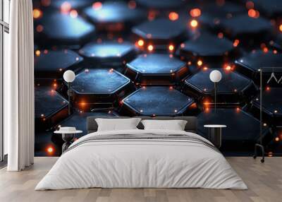 Abstract digital hexagonal pattern with glowing dots on a dark blue background, conveying a concept of technology Wall mural