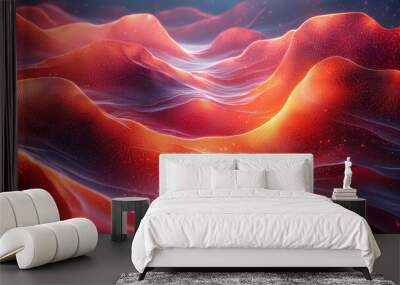 Abstract digital landscape with glowing waves and particles. Wall mural