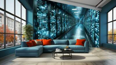 Abstract glowing blue cyber big data background with dark mock up place. Technology and innovation concept. 3D Rendering. Wall mural