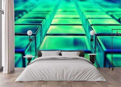 Abstract green and blue cubes, glowing in the dark Wall mural