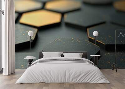 Abstract hexagonal pattern in black and gold. Wall mural