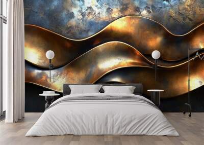 Abstract metallic wave pattern in gold and copper. Wall mural