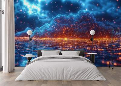 Abstract representation of a cloud computing network with glowing lights. Wall mural