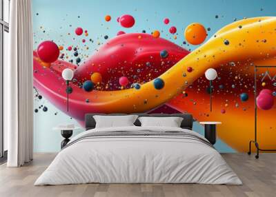 Abstract swirls of bright pink and orange colors with small balls in blue, pink, and yellow floating around. Wall mural