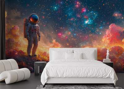 An astronaut stands on a celestial landscape, gazing up at the swirling nebula in the night sky. Wall mural