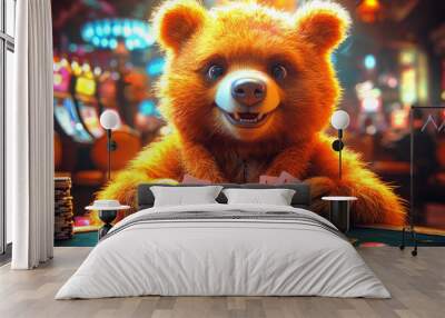 Animal Bear plays poker blackjack in a casino, fantasy Wall mural