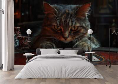 Animal Cat plays poker blackjack in a casino, fantasy Wall mural