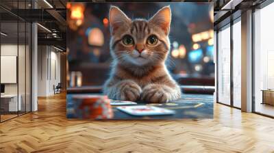 Animal Cat plays poker blackjack in a casino, fantasy Wall mural