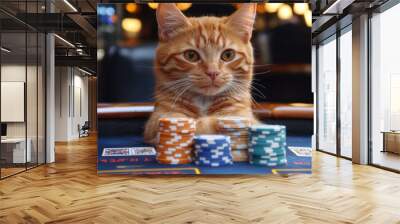 Animal Cat plays poker blackjack in a casino, fantasy Wall mural