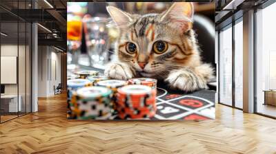 Animal Cat plays poker blackjack in a casino, fantasy Wall mural