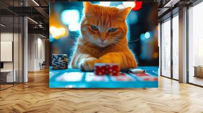 Animal Cat plays poker blackjack in a casino, fantasy Wall mural