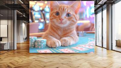 Animal Cat plays poker blackjack in a casino, fantasy Wall mural