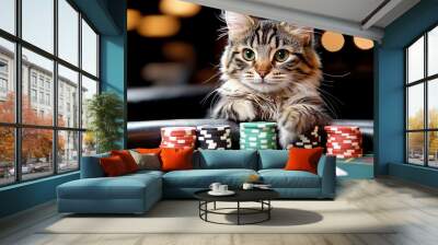 Animal Cat plays poker blackjack in a casino, fantasy Wall mural