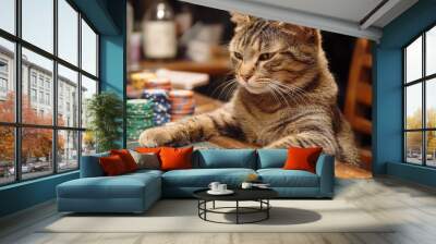 Animal Cat plays poker blackjack in a casino, fantasy Wall mural