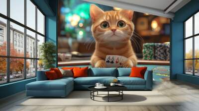 Animal Cat plays poker blackjack in a casino, fantasy Wall mural