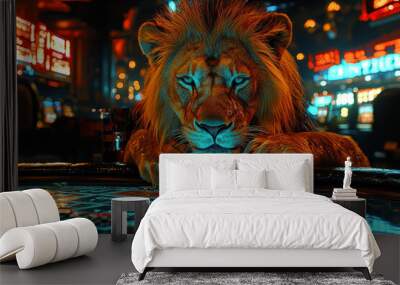 Animal Lion plays poker blackjack in a casino, fantasy Wall mural