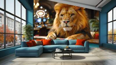 Animal Lion plays poker blackjack in a casino, fantasy Wall mural