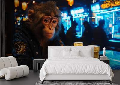 Animal Monkey plays poker blackjack in a casino, fantasy Wall mural