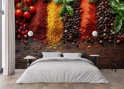 Assortment of colorful spices on a wooden surface. Wall mural