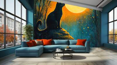 Black cat gazing at the full moon in a forest setting, illuminated by fireflies. Wall mural